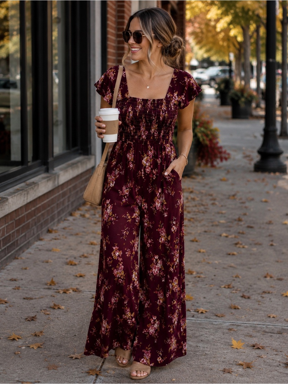Xhilaration Burgundy Smocked Floral Jumpsuit size large